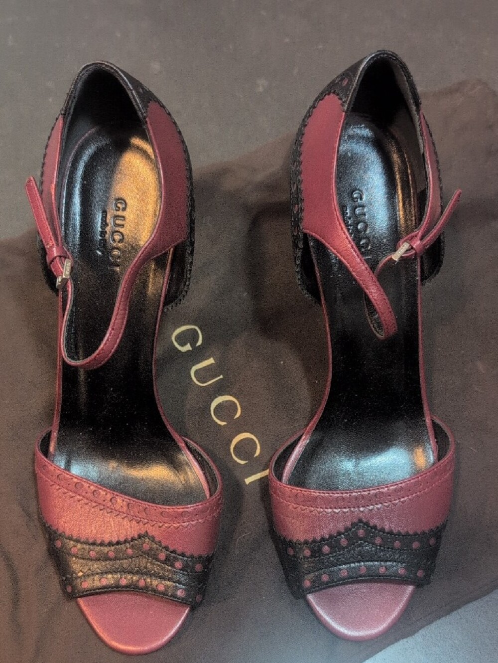 Gucci Burgundy and Black Mary Jane Peep-Toe Heels - Picture 2 of 3